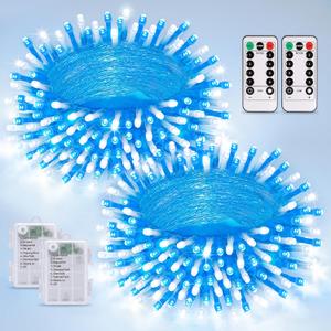 JMEXSUSS 2 Pack Blue and White Battery String Lights, Each 33ft 100 LED Battery Powered Christmas Lights with Remote for Outside Party Birthday