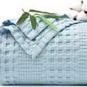 PHF Cooling Waffle Blanket Queen Size, Lightweight 60% Rayon Derived from Bamboo & 40% Cotton Breathable Blanket for Hot Sleepers, Soft and Luxury for Bed Couch and Sofa, 90"x90",Sky Blue