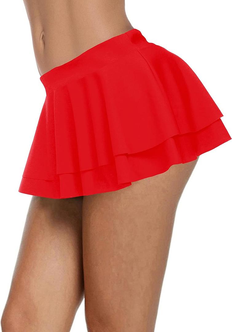 Afibi Women Sexy Pleated Mini Skirt Solid Ruffle Lingerie Skirts (Medium, Red)