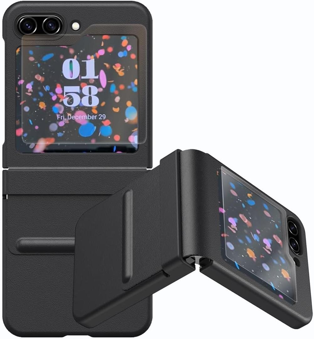 for Samsung Galaxy Z Flip 5 Case with Screen Protector & Hinge Protection, Soft Leather Touch Protective Cover, Anti-Scratch Non-Slip Shockproof Case for Z Flip 5 2023, Black