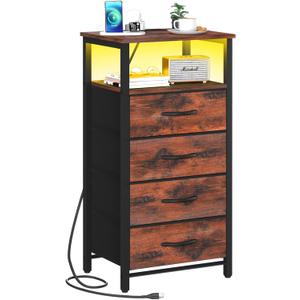 Yoobure Night Stand - LED Rustic Nightstand with Charging Station, Bedside Table with 4 Storage Drawers and Storage Shelf, End Table with USB Ports and Outlets