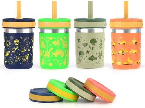 Sursip Toddler Kids Cups with Lids and Straws, Stainless Steel Toddler Spill Proof Sippy Cups for Smoothie & Snacks Drinking Jars, BPA-Free, Dishwasher Safe - 15 oz