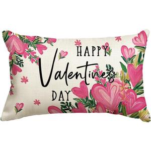 AVOIN colorlife Happy Valentine's Day Love Heart Pink Flowers Throw Pillow Cover, 12 x 20 Inch Green Leaves Anniversary Wedding Cushion Case Decoration for Sofa Couch