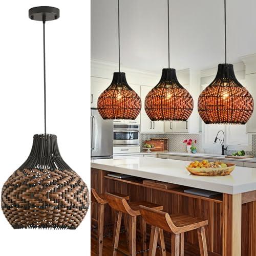 Teru Ji Kaikang 3-Pack Rattan Pendant Light 10.24" Hand-Woven Black Brown Fax Rattan Basket Chandelier Mini Boho Wicker Hanging Lamp for Dining Living Bedroom Kitchen Farmhouse