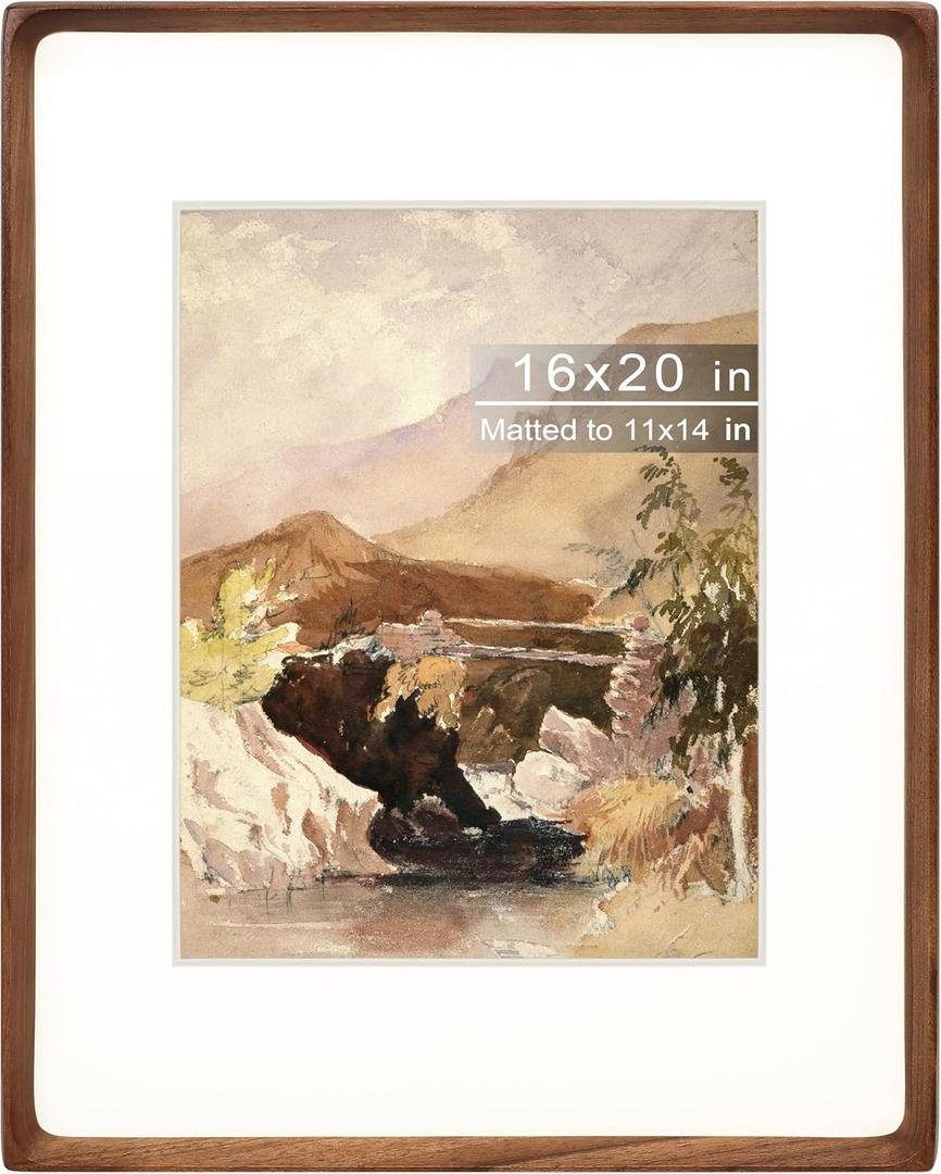 16x20 Picture Frame with Mat for 11x14, Natural Walnut Wood Handcrafted Rounded Corner with Plexiglass, Vertical or Horizontal Display Photo Gallery Poster Wall Mounting Frame, 16x20 Matted to 11x14