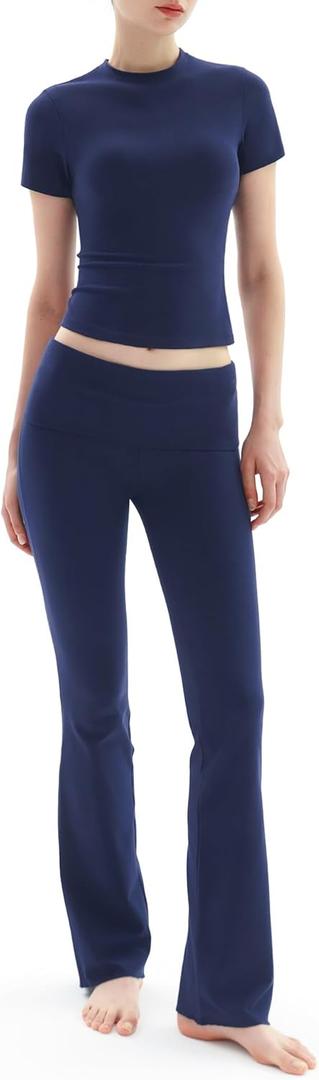 PUMIEY Two Piece Sets for women Lounge Sets Short Sleeve Tops Flare Leggings Set Going Out Casual Outfits Matching Sets Tracksuit, Dark Night X-Small