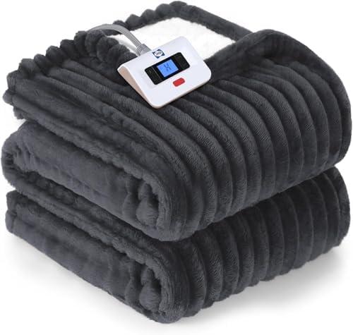 SEALY Electric Blanket Twin Size, Soft Ribbed Flannel to Sherpa Reversible Heated Blanket with 10 Heat Settings & 1 to 12 Hours Auto-Off Overheat Protection Machine Washable, 62"x84" Charcoal