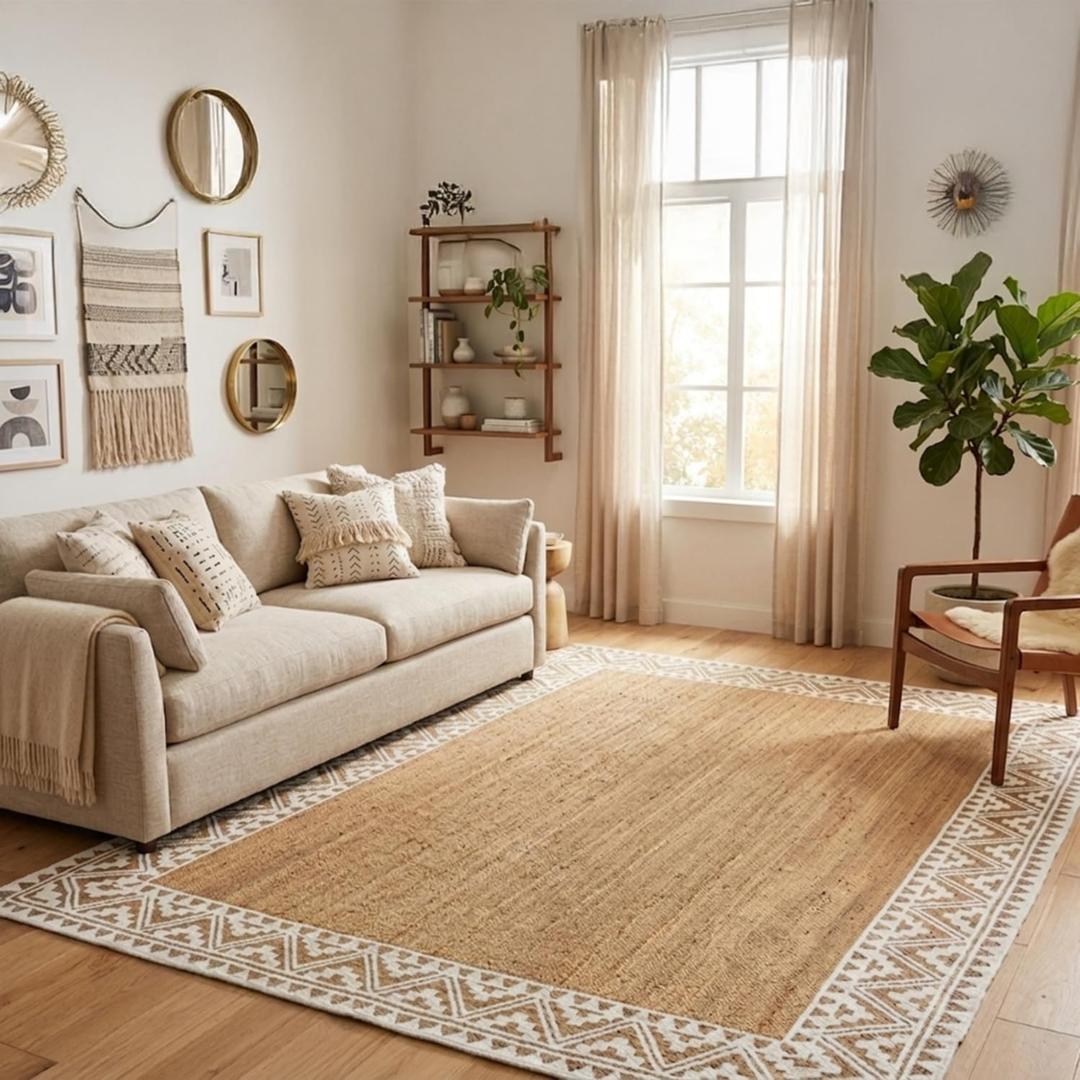 voyzz home 5X8 Feet-Rectangular, Premium Natural Jute Braided Area Rug, White Printed Border & Backing, Stain Resistance, Natural Brown, Handmade Rug for Living Room, Dining Room, Bedroom, Farmhouse