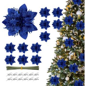 Blue Christmas Ornaments,12pcs Poinsettias Artificial Christmas Flowers,Christmas Tree Decorations,Blue Christmas Decorations,Poinsettias for Christmas Tree Flowers With Clips,Glitter Xmas Flower