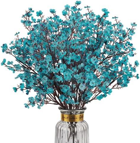 HIAGROW 8Pcs Babys Breath Artificial Flowers Silk,Real Touch Peacock Blue Bouquets Flowers for Vase Home Office Wedding Spring Winter Indoor Outdoor Centerpiece Table Decorations