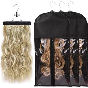 Wig Bags Storage With Hanger- 3PCS Hair Extensions Storage Bag Hair Hangers For Extensions Hairpieces Storage Holder (black) (23.6 INCH)
