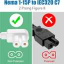 AGVEE 12ft TV Power Cord, 90 Degree Angled L-Shaped UL Listed 2-Prong AC Power Cable IEC C7 C8 Compatible with Samsung LG Sony Insignia Apple TV LCD LED, Vizio Roku JBL Partybox, White