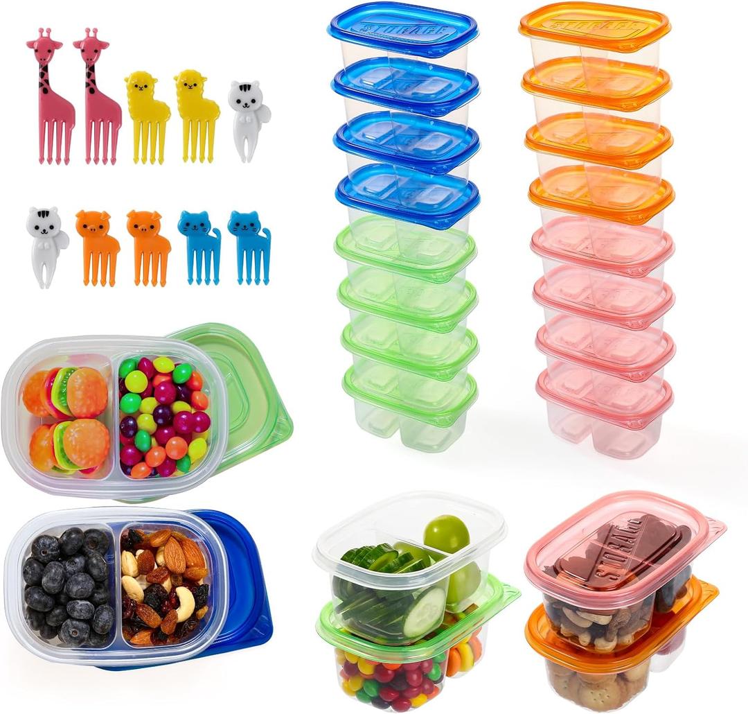 20 Pcs Reusable Snack Containers with Lids, 2-Compartment BPA-Free Portion Control for Bento Box & Meal Prep, On-the-Go for Kids Adults, Refrigerator Safe with 10 Animal Forks (4 Color Lids)