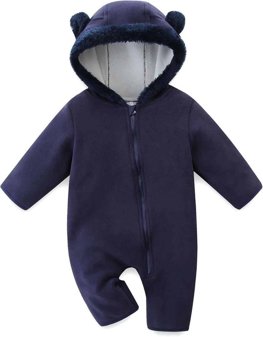 Baby Jumpsuit with Cute Bear Hoodie Warm Fleece Lined Newborn Snowsuit Rompers for Fall Winter 12-18 Month (Navy)