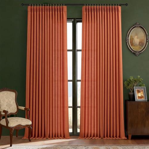 Pinch Pleated Burnt Orange Linen Curtains 92 Inch Long for Living Room, Privacy Light Filtering Semi Blackout Drapes Memory Trained Shaped Neutral Curtain with Back Tab Top and Hooks 40" x 92"