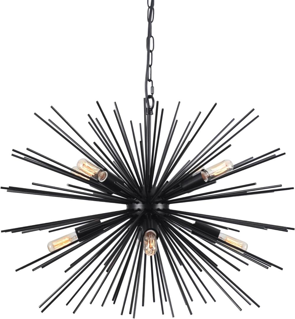 24.21" Black Sputnik Chandelier Vintage Geometric Starburst Chandelier Light Fixture Modern Solid Metal Firework Chandeliers for Dining Room, Kitchen Island, Bedroom, Living Room, E12