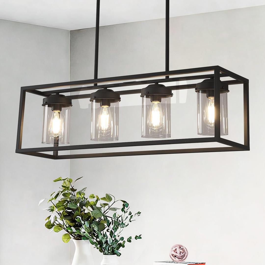 Black Kitchen Light Fixture,Farmhouse Chandeliers for Dining Room,Rustic Rectangle Linear Pendant Ceiling Light with Clear Glass Shade