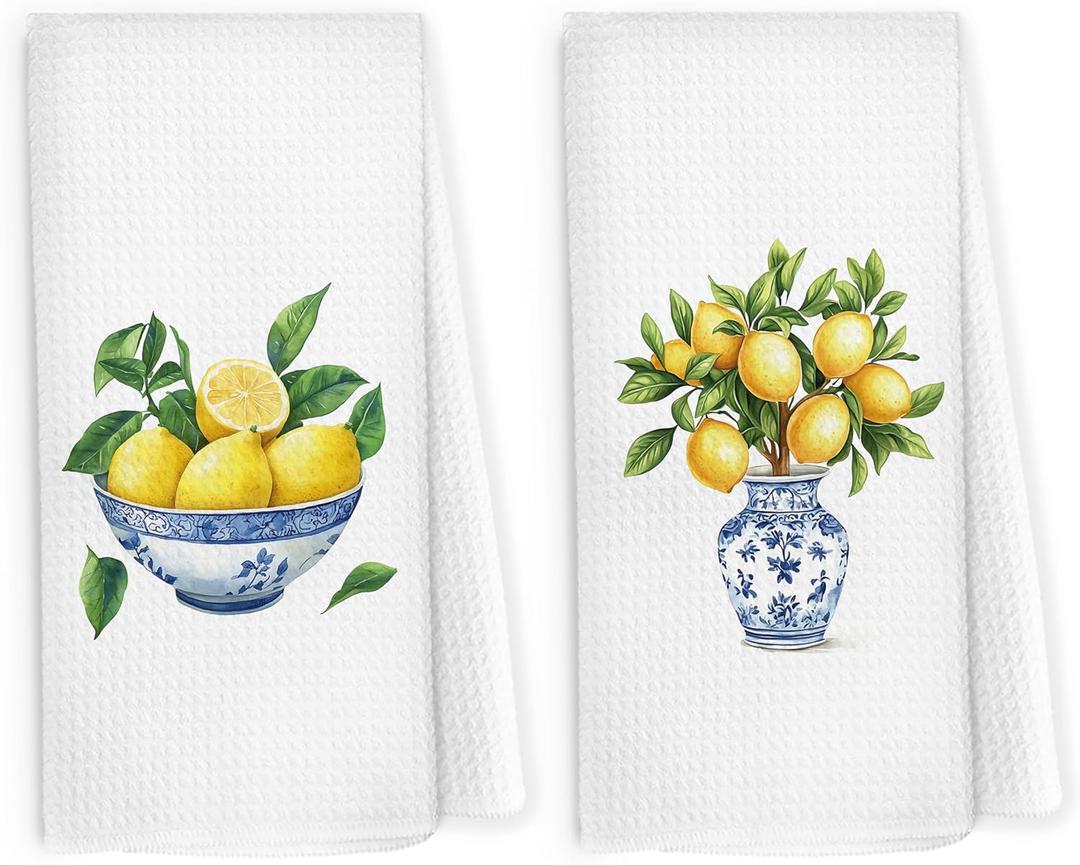 Chinoiserie Summer Lemon Kitchen Dish Towels 16x24 Inch, Blue and White Ginger Jar Gifts for Women, Aesthetic Lemon Seasonal Holiday Decorative Hand Towel Tea Towels for Cooking Baking Bathroom (Diningroom-21)