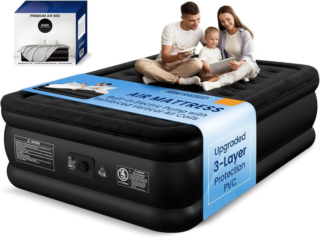 Queen Air Mattress with Built-in Pump, 800 lbs Heavy-Duty Support, 48-Hour Leak Tested, Upgraded 3-Layer Protection PVC, 3-Min Fast Inflation, Portable Air Bed for Home, Guests & Camping (Black)