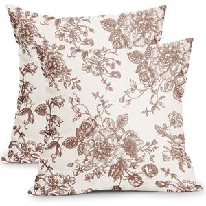 Vintage Floral Pillow Covers 18x18 Inch Set of 2 Light Brown and Cream Floral Throw Pillow Covers Chinoiserie Flower Pillowcases Rustic Farmhouse Cotton Linen Cushion Covers for Couch Bed Sofa Decor