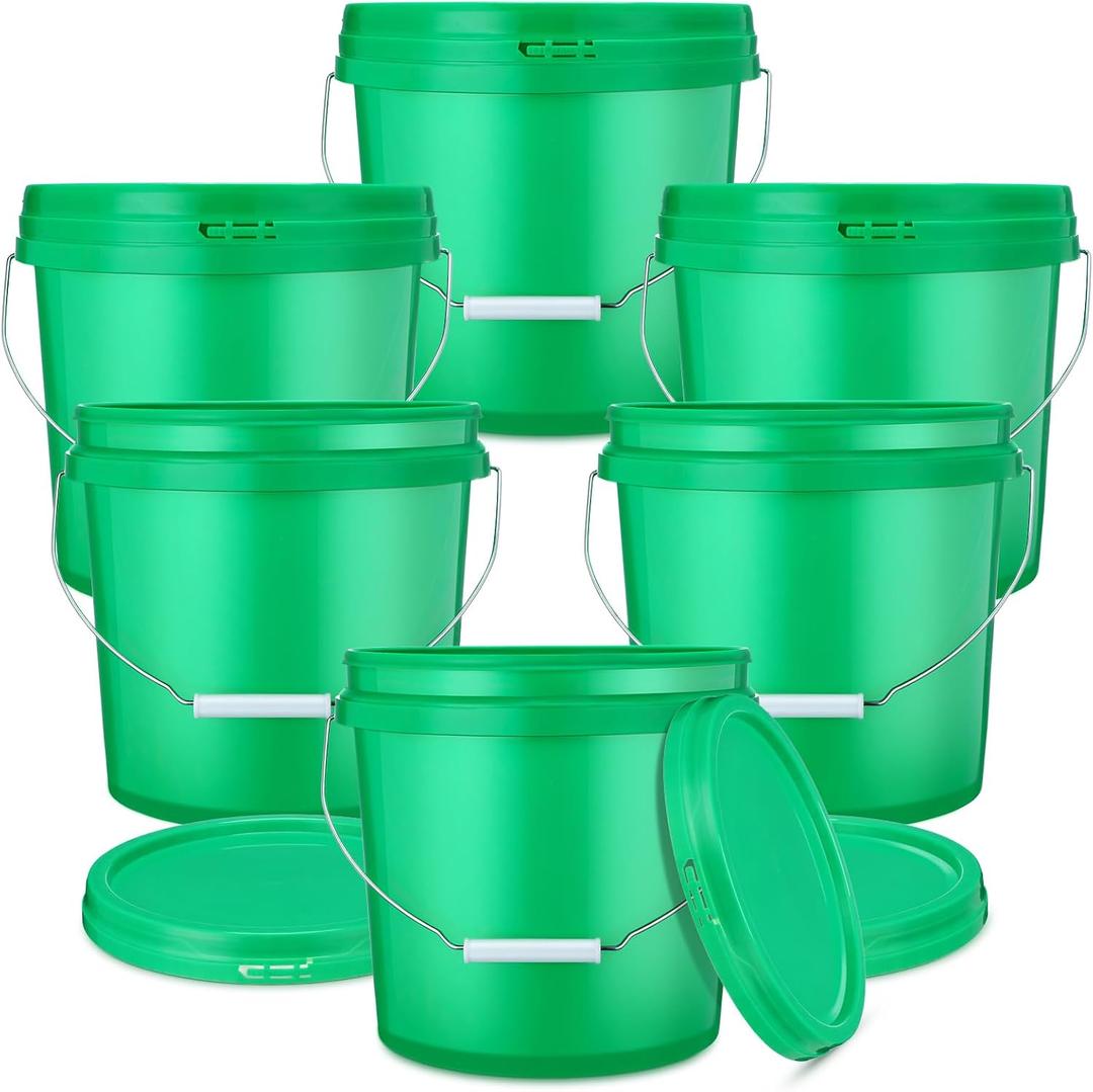6 Pcs 2 Gallon Plastic Bucket with Lid Handle, Green