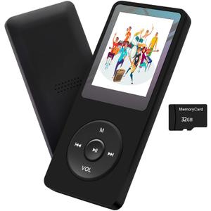 MP3 Player 32GB Music Player Voice Recorder with Speaker Earphone Portable HiFi Lossless Sound E-Book HD Screen 1.8 inch Support up to 128GB (Earphones Include) (Black)