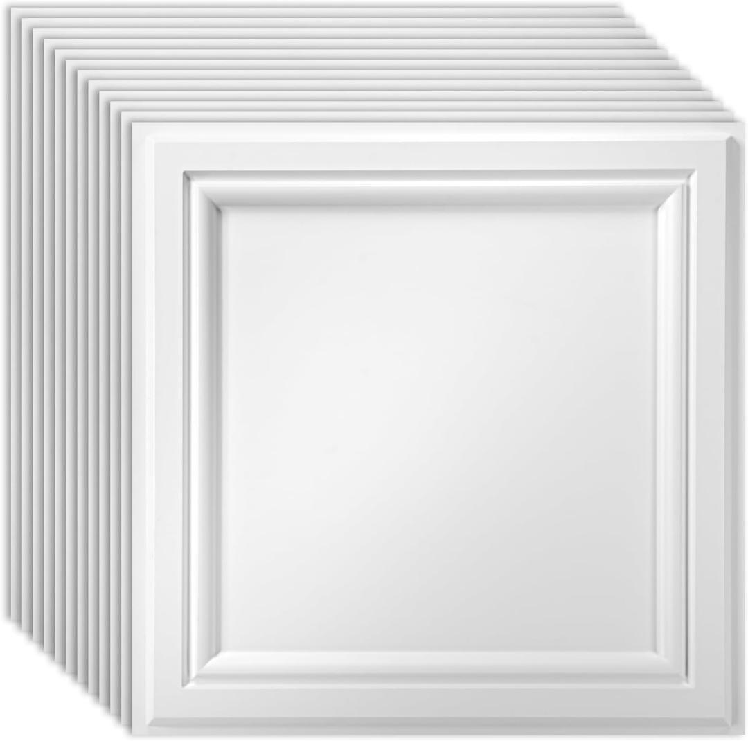 Art3d 12 Pack PVC Ceiling Tiles 24x24 Inches Waterproof Drop Ceiling Tiles/Wall Panels for Interior Wall Decor, Covers 48 Sq.,ft, Matte White