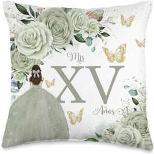Sage Green Roses Floral Quinceañera Mis XV Años Throw Pillow