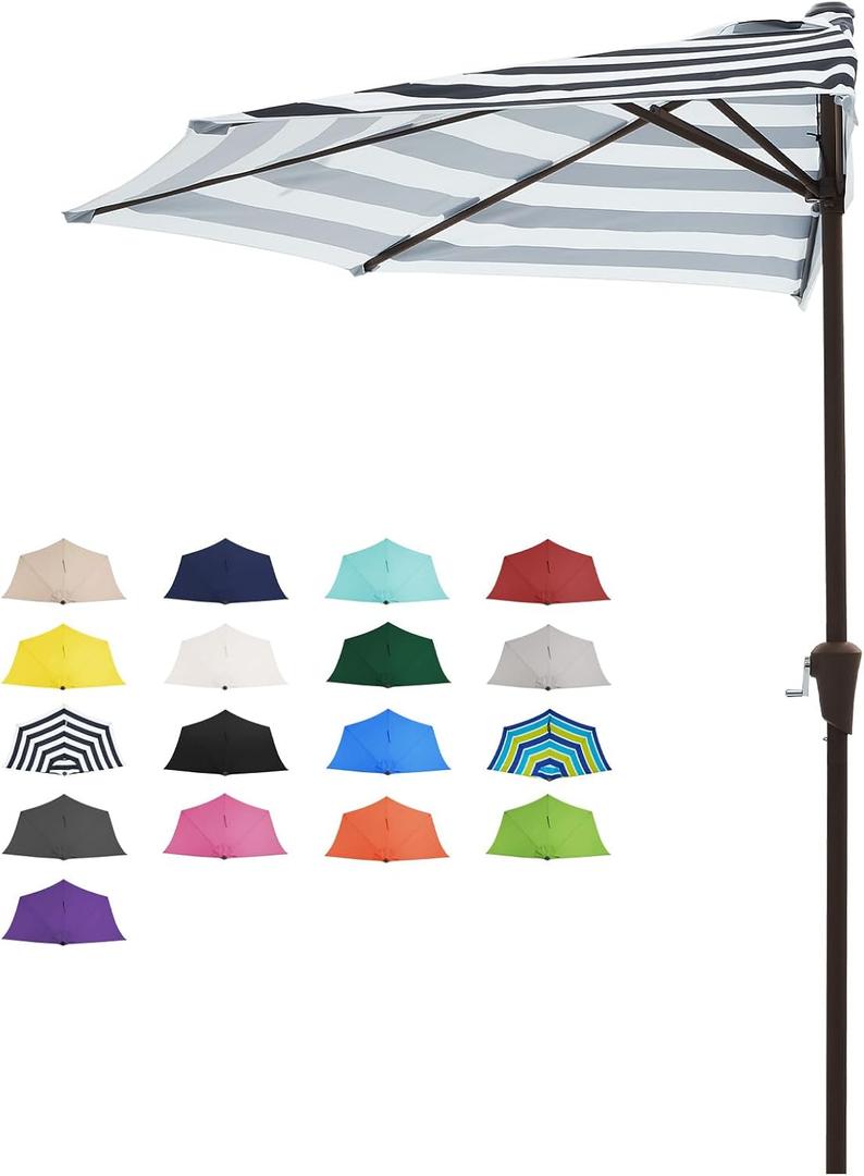 JEAREY 9ft Half Umbrella Outdoor Patio Umbrella Market Umbrellas with Crank, 1/2 Round Wall Umbrella 5 Sturdy Ribs UV Protection for Pool Garden Balcony Deck, Black & White Strip