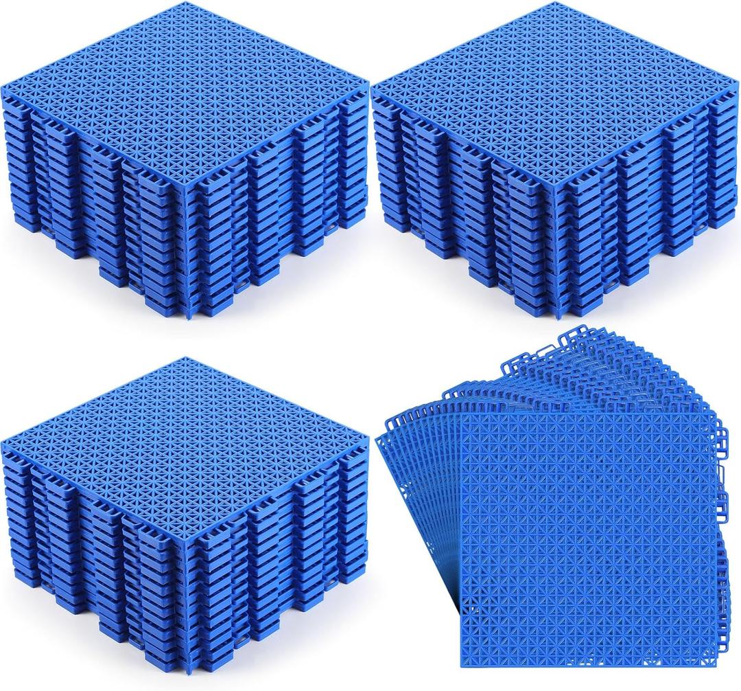 Huwena 50 Pcs Modular Interlocking Cushion Floor Tiles 10 x 10 Inch Non Slip Pool Floor Mat Blue Interlocking Rubber Draining Flooring Tiles with Hole for Drain Deck Patio Balcony Shower Kitchen