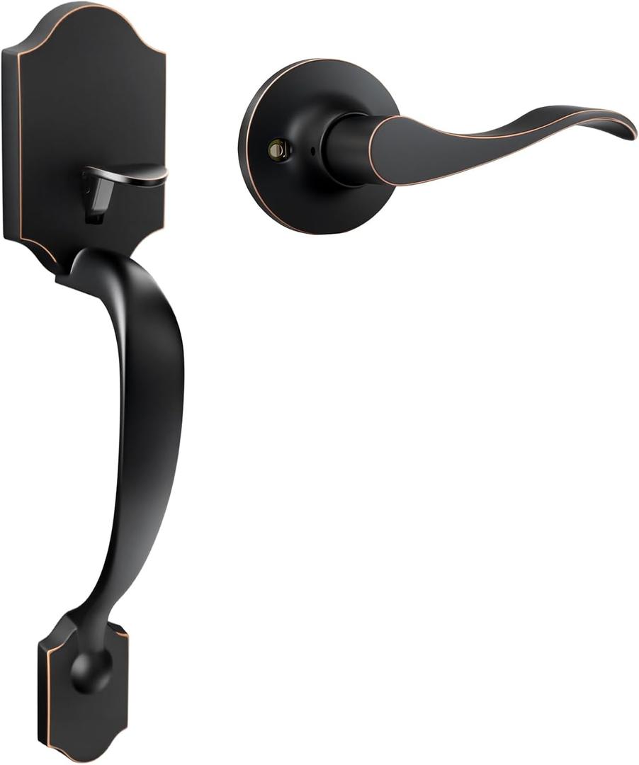 Haidms Front Door Handle Oil-Rubbed Bronze, Entry Door Lock and Reversible Handle Lever,Single Cylinder Door Handle Set with Lower Half Lever for Left and Right Hand Door