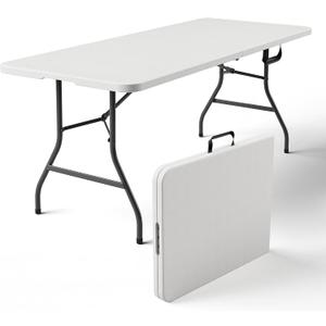 Folding Table 6ft - Heavy Duty Plastic Table with Handle, Foldable & Portable, Fold-in-Half Utility Tables for Outdoor, Dining, Wedding, Events, Indoor, Picnic, Camping, Party (White)