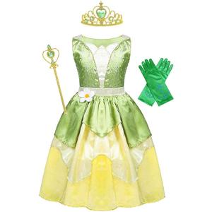 WonderBabe Little Girls Green Frog Princess Dress Kids Christmas Birthday Party Cosplay Outfits Gift with Accessories (3-4 T, Green Dress+crown+scepter+gloves)