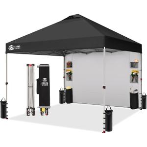CROWN SHADES Canopy Tent, 10 x 10 Foot Portable Pop Up Outdoor Shelter with Pocket Sidewall, Push Center Lock, UV Protection, and Carry Bag, Black