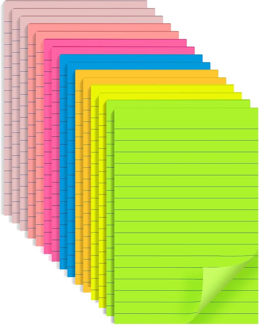 (15 Pads) Lined Sticky Notes 4x6 in Post, 7 Bright Colors with Lines Self-Stick Note Pad it, Strong Adhesive, Big Rectangular Sticky Pads for Office, Home, School, Meeting