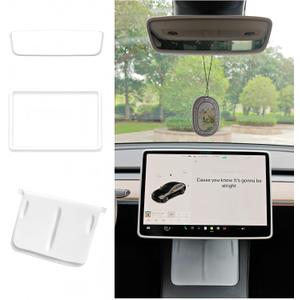 Tesla Model 3 Model Y Accessories of Screen Protector Frame + Center Console Wireless Charging Silicone Pad + Interior Rear View Mirror Cover 3pcs 3in1 (White)