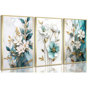 3Pcs White Gold Flower Canvas Wall Art Modern Luxury Blue White Gold Abstract Marble Floral Botanical Painting Picture Wall Decor Poster Print Artwork for Living Room Bedroom Home Decoration Unframed (24L" x 16W")