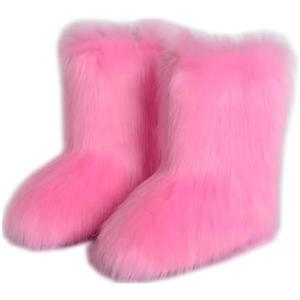 QMFUR Women's Furry Faux Fur Boots Fuzzy Fluffy Mid Calf Snow Boots Suede Warm Fur Lined Booties Flat Fashion Boots Size 41