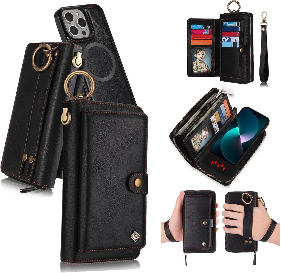 Compatible for iPhone 15 Phone Case Wallet for Women MenWristlets Zipper Leather Wallet Flip CaseRFID Blocking Card Holder,Detachable Magnetic Cover Case.Black