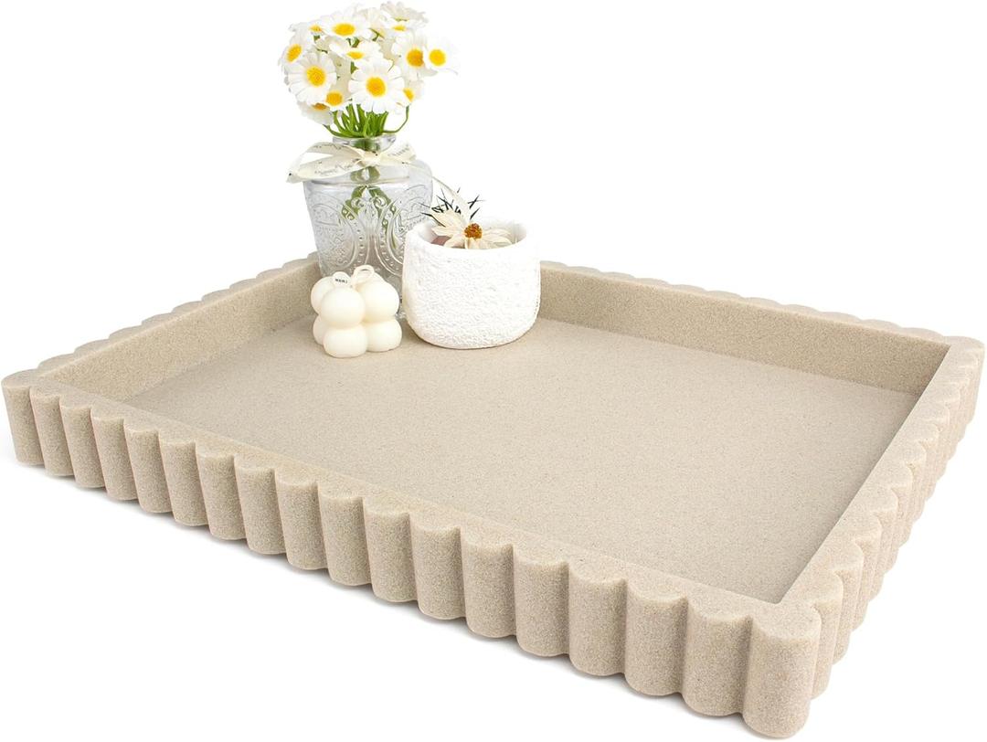 YMXYJM-Scalloped Coffee Table TrayOttoman Tray for Modern Home Decor. 14" Decorative Tray for Entryway Table Decor, Living Room Table Decor, Coffee Table Centerpiece - Beige Resin