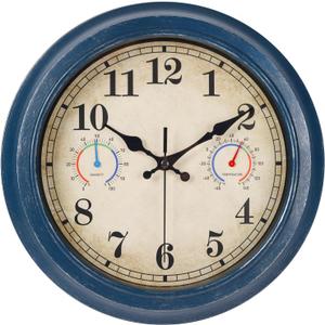 12 Inch Outdoor Clock with Thermometer and Hygrometer Combo, Waterproof Indoor Outdoor Wall Clocks for Patio, Pool, Garden, Bathroom Decor- Blue