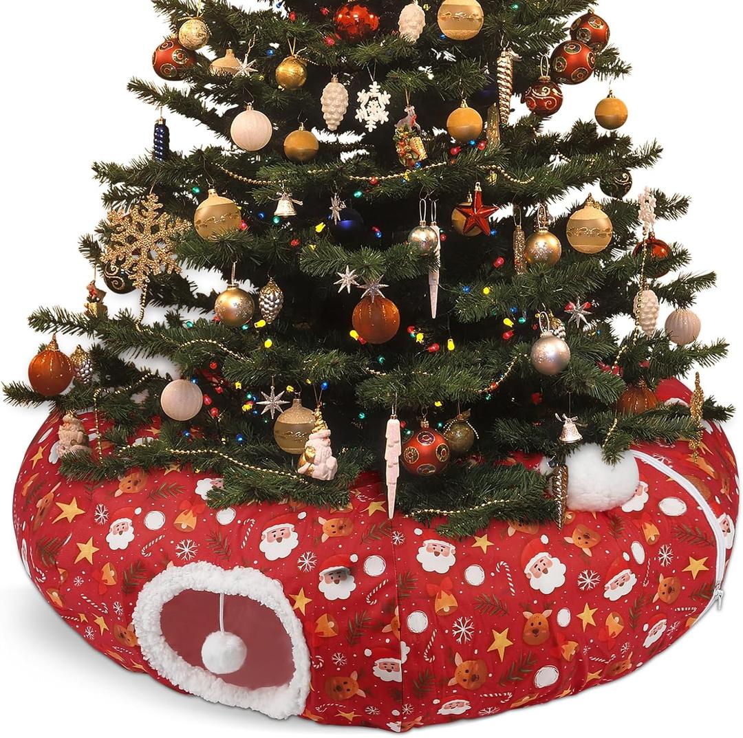 Cat Tunnel Christmas Tree Skirt Cat Tunnel Bed for Indoor Cats Play Donut Tunnel Toys S Shape for Rabbit Ferret (Red)