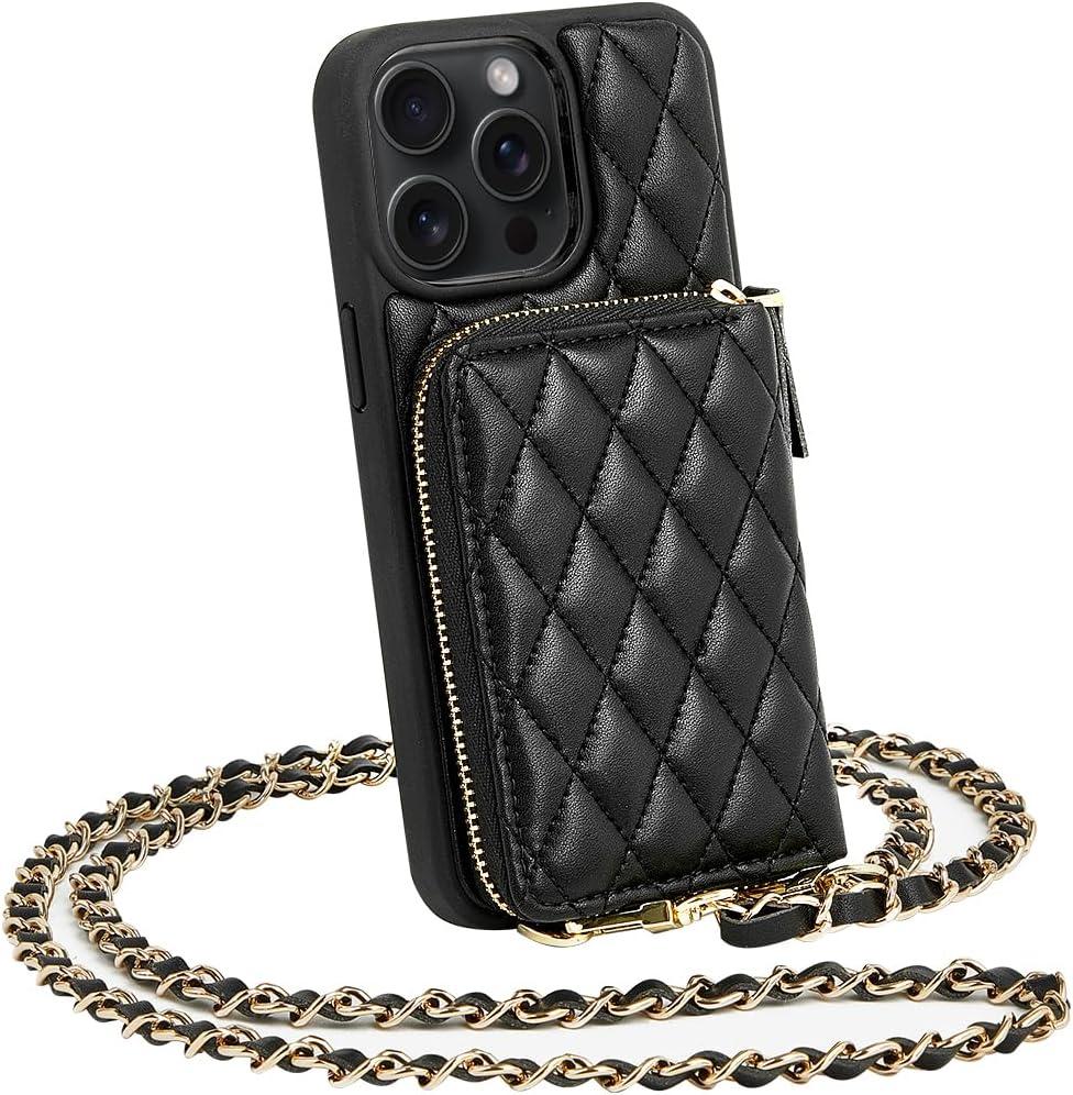 LAMEEKU for iPhone 15 Pro Case Wallet, Crossbody Wallet Purse with Card Holder, Quilted Leather Zipper Wrist Strap RFID Blocking Cover for Women for iPhone 15 Pro 6.1" Black
