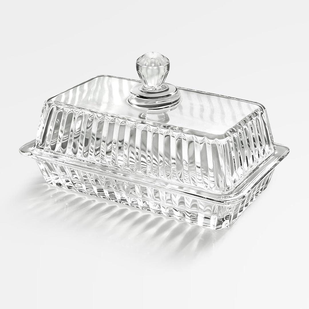 Clear Glass Butter Dish with Lid, Covered Crystal Butter Holder Container for Countertop & Fridge