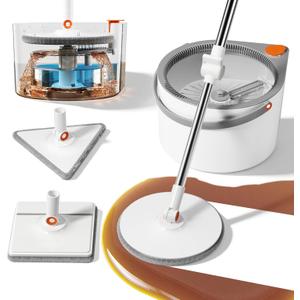 3-in-1 Spin Mop and Bucket Set with Clean Water Separation, 71 Extra Long Handle for Wall Cleaning, 3 Specialized Heads for Baseboards & Corners, 6 Microfiber Refills for Hardwood Floor Care
