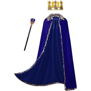 GRAJTCIN King Costume Cape for Adult Mardi Gras Velvet Robe and Crown & Scepter 3PCS Set (120CM/47", Blue)