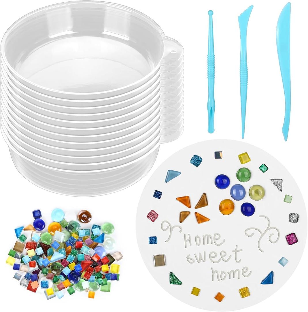 LOYIM 24 Pcs Stepping Stone Kit Includes Concrete Mold, Mosaic Tiles and Carving Tools, DIY Craft Handmade Stepping Stone Kit for Kids, Family, Garden Outdoor Decor, No Concrete Mix(Round,8.3 Inch)