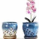 Orchid Pots with Holes Attached Saucers 4.6 Inches - 2 Pcs Small Ceramic Pots for Repotting, Decorative Ceramic Orchid Planter with Hole for Healthy Root Growth Blue Purple