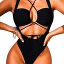 Cutout One Piece Swimsuit,Plunge High Cut Thong Sexy Monokini Bodysuit,Rave Outfit for Women Festival Pool Party (Large, Black)