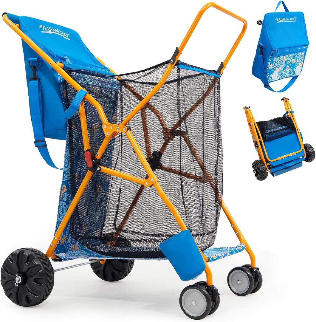Old Bahama Bay Upright Beach Cart with Large Wheels for Sand, Wide Wheelbase 100lbs Capacity Beach Wagon with Insulated Cooler Bag, Mesh Body Board and Umbrella Holder